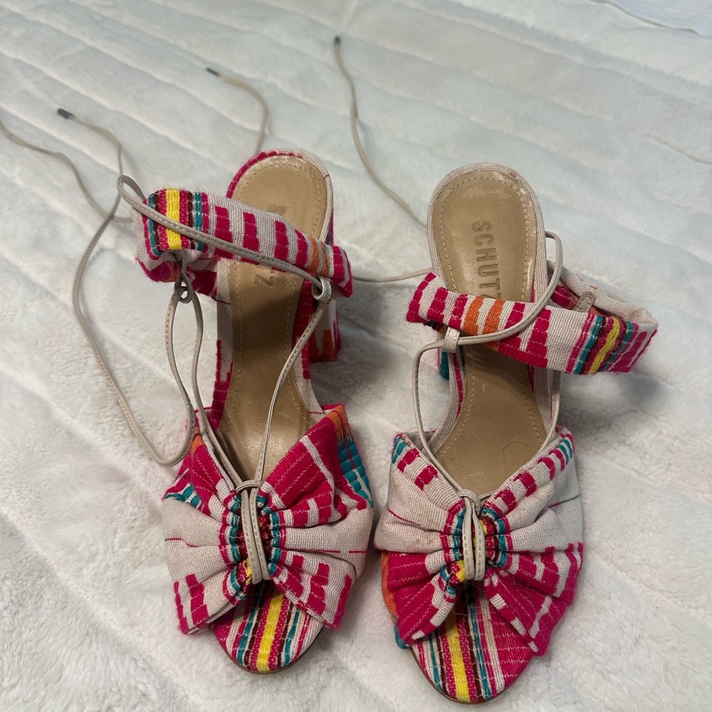 Schutz Tie Strap Block Heel Sandals